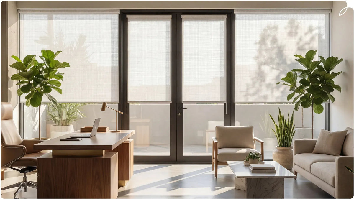 A scene picture of the living room featuring Biophilic Design style and roller shades