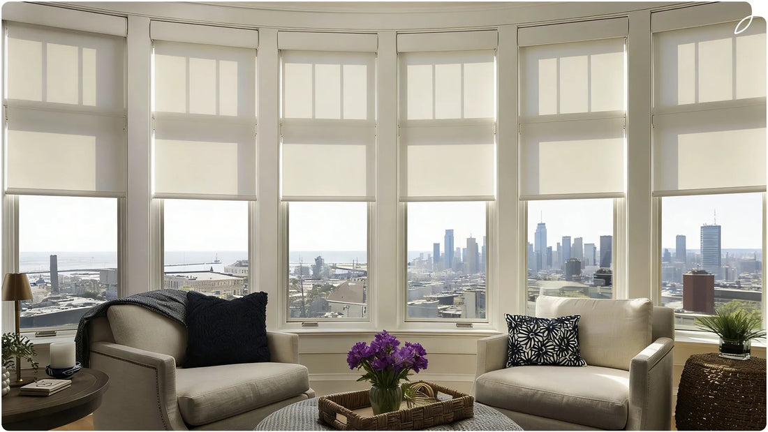Modern living room design features multiple windows and roller shades.