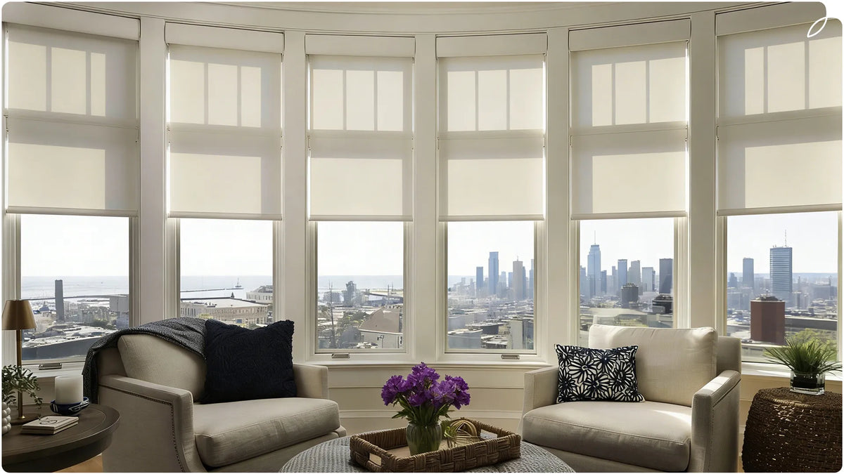 Modern living room design features multiple windows and roller shades.
