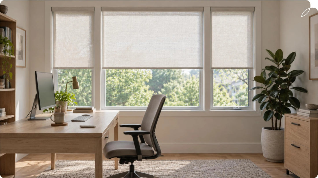 Light-filtering roller shades on three home office windows