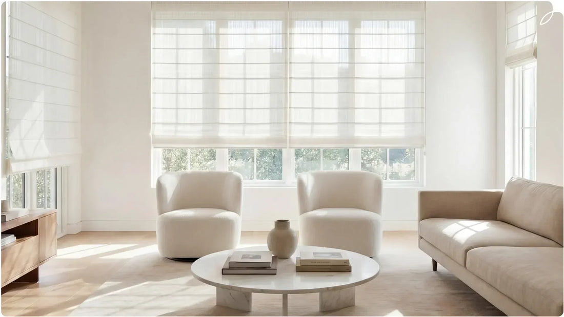 A living room with the Roman shades
