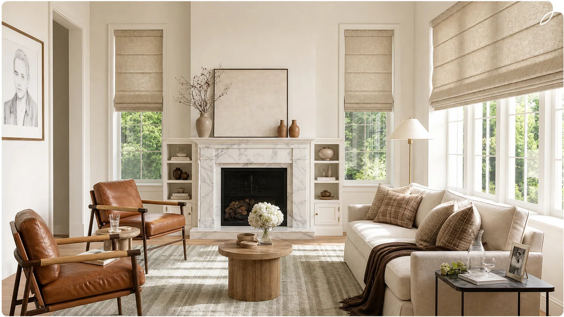 The modern-style living room has multiple windows and is equipped with roman shades.