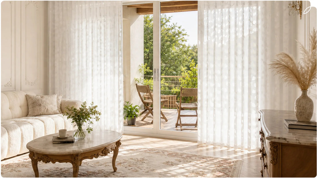 The modern light luxury-style living room is equipped with a sliding glass door, sheer vertical blinds, a coffee table, vases and a balcony.