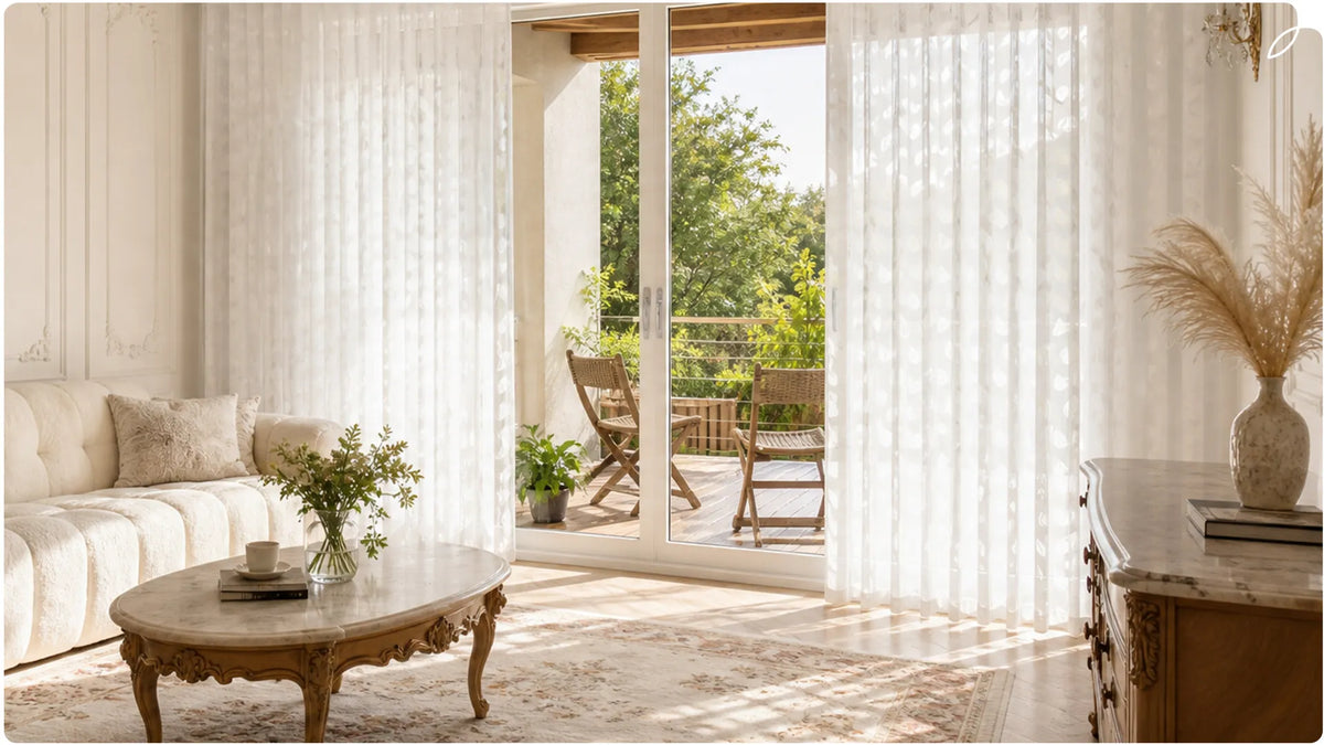 The modern light luxury-style living room is equipped with a sliding glass door, sheer vertical blinds, a coffee table, vases and a balcony.