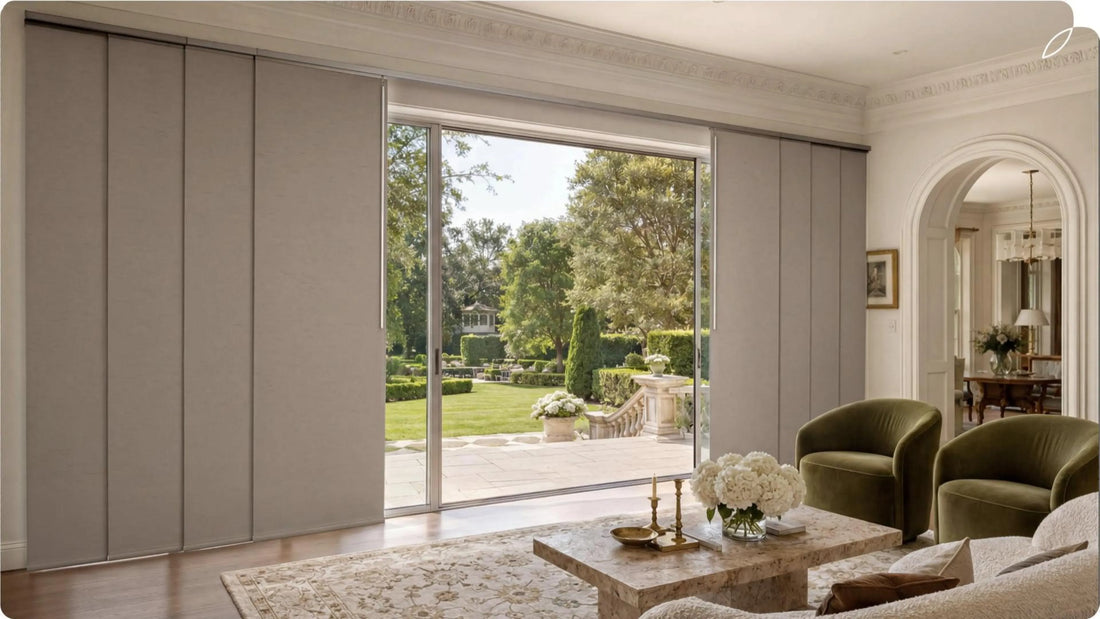 The living room is equipped with large Windows and manual panel track blinds