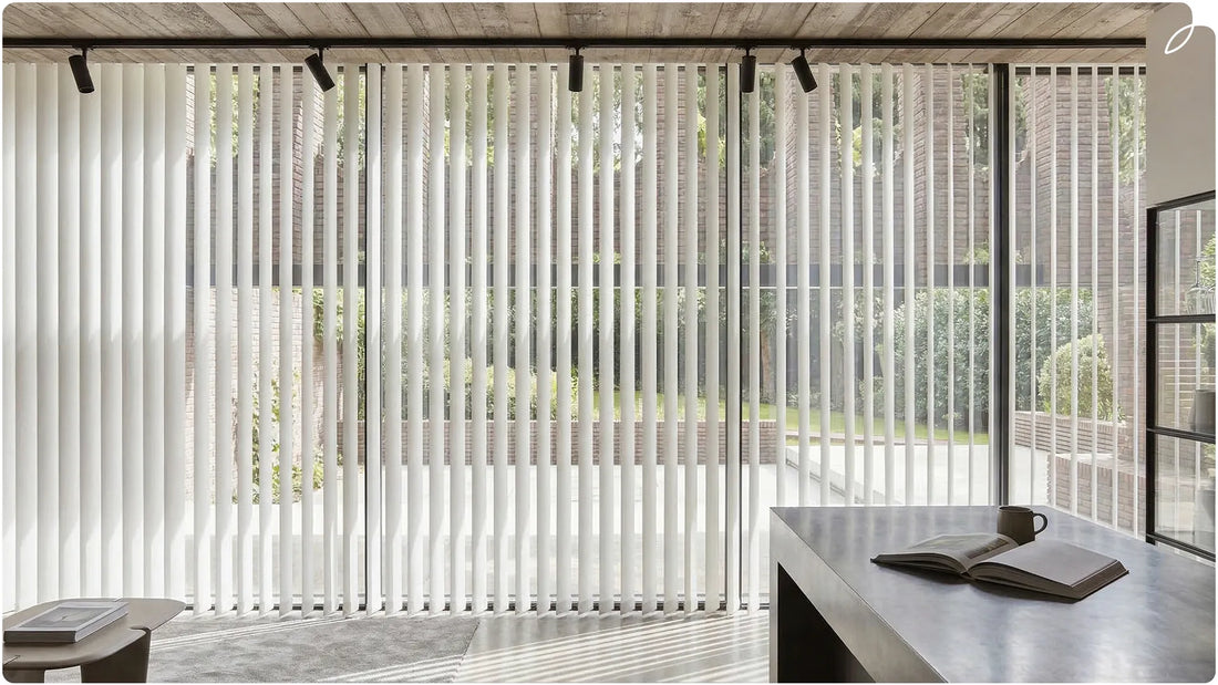 A scene picture of the living room with vertical blinds, introducing "Which Way to Adjust Vertical Blinds for the Privacy You Deserve"