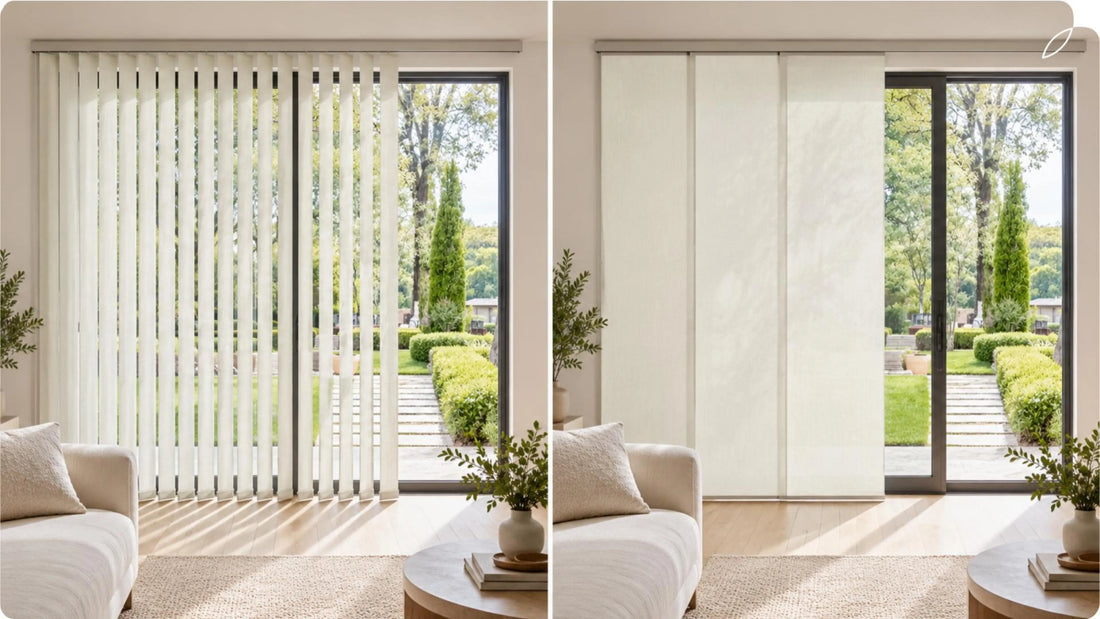 Comparison of Panel Track Blinds and vertical blinds, with large windows. On the left is the vertical blinds, and on the right is the panel track blinds.