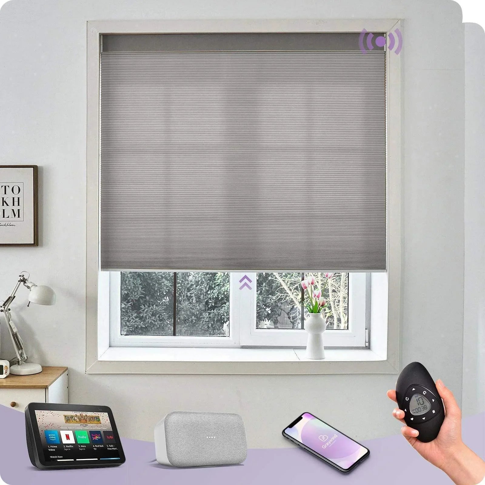 Smart gray cellular window shade in a modern room, compatible with Alexa, Google, app, and remote control.