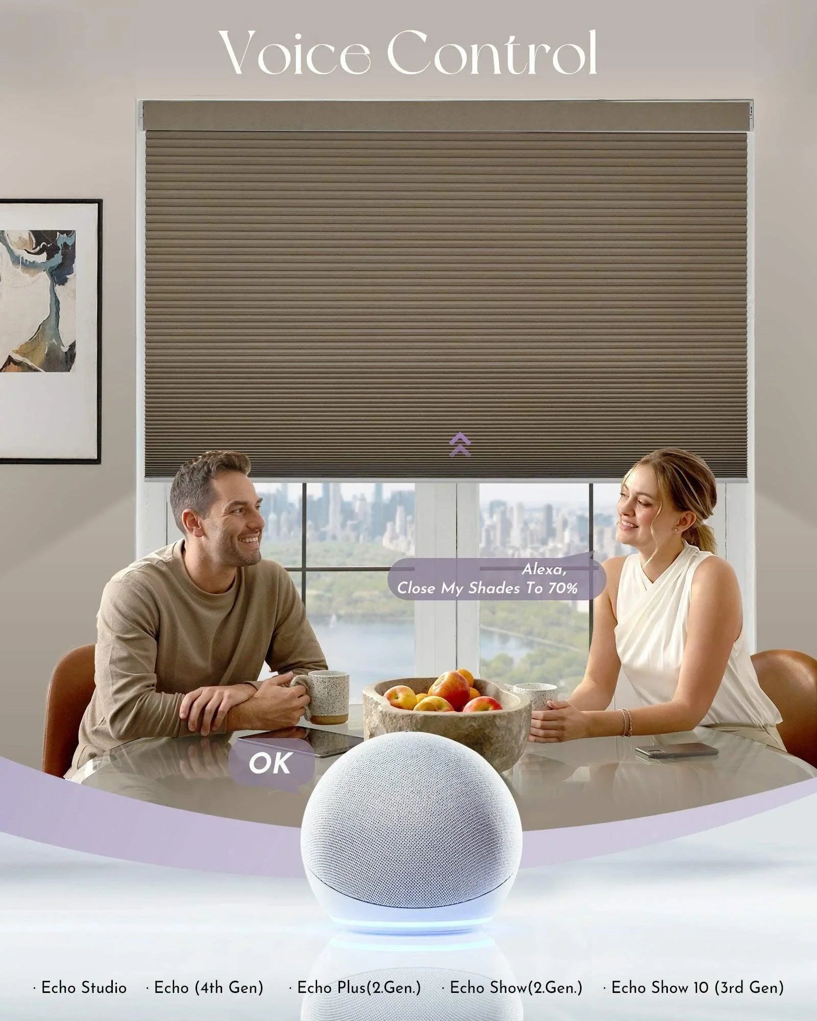 Smart motorized window shade controlled by voice, Echo device on table, two people smiling.