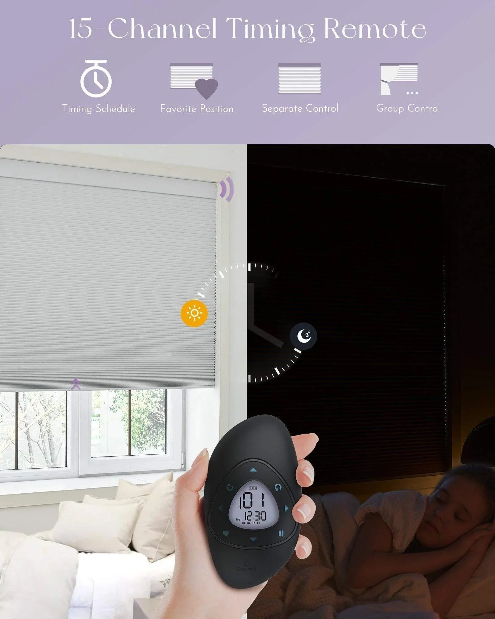 Hand holding smart remote for automated window blinds, showing timing and control features.