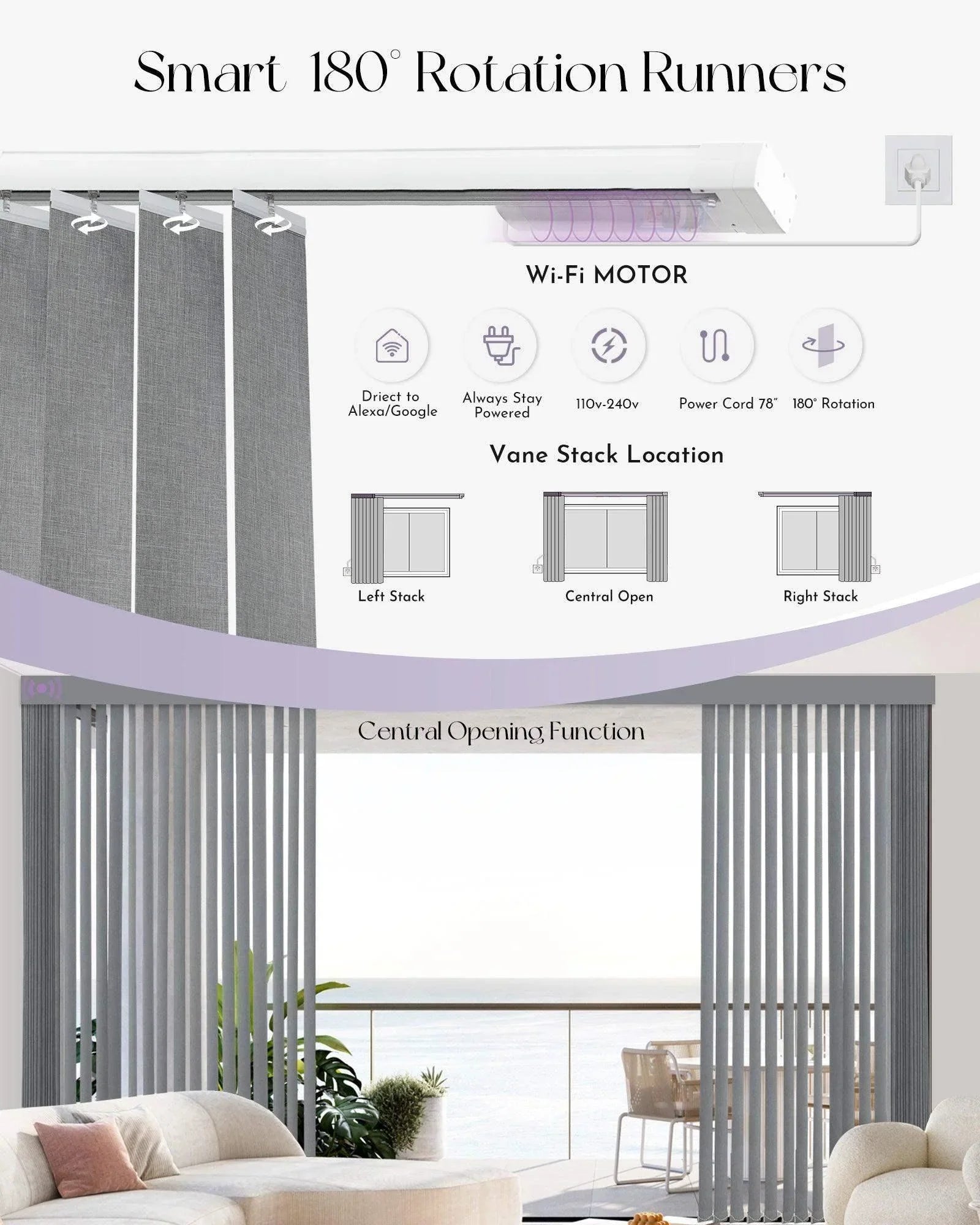 Smart vertical blinds with Wi-Fi motor, 180° rotation, compatible with Alexa and Google Home.