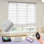 Smart motorized light-filtering roman shade in a modern living room, compatible with remote, app, and voice assistant controls.