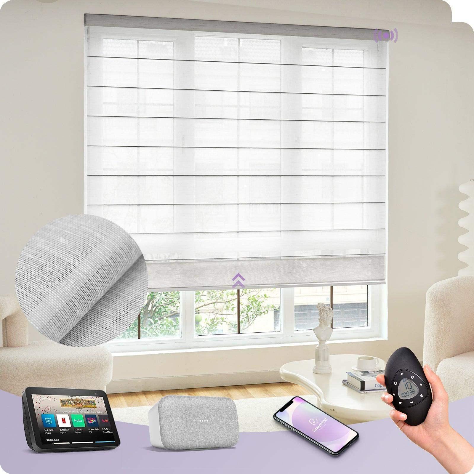 Smart motorized light-filtering roman shade in a modern living room, compatible with remote, app, and voice assistant controls.
