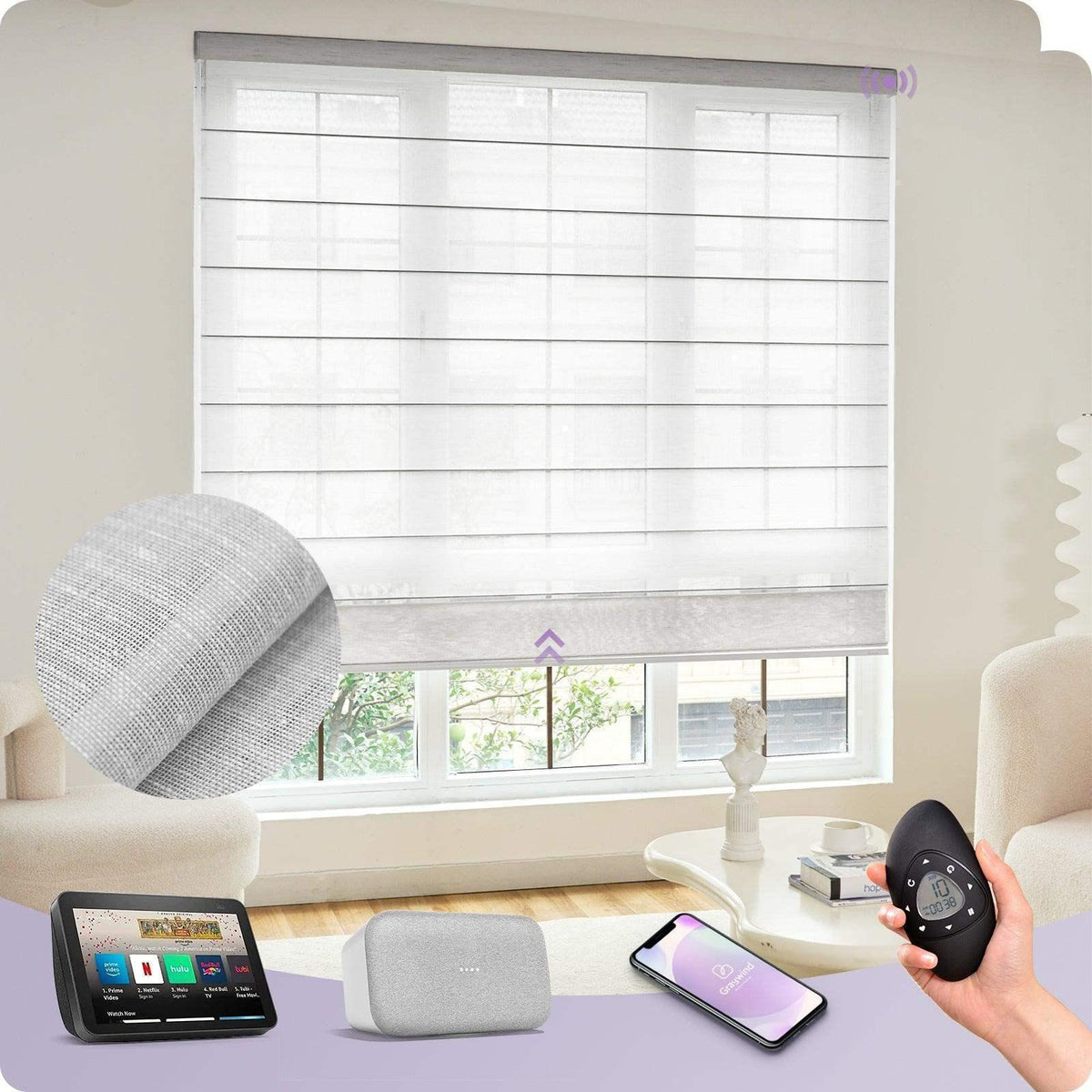 Smart automatic roman shade in light gray fabric, shown in a modern living room, compatible with voice control, remote, and app integration.