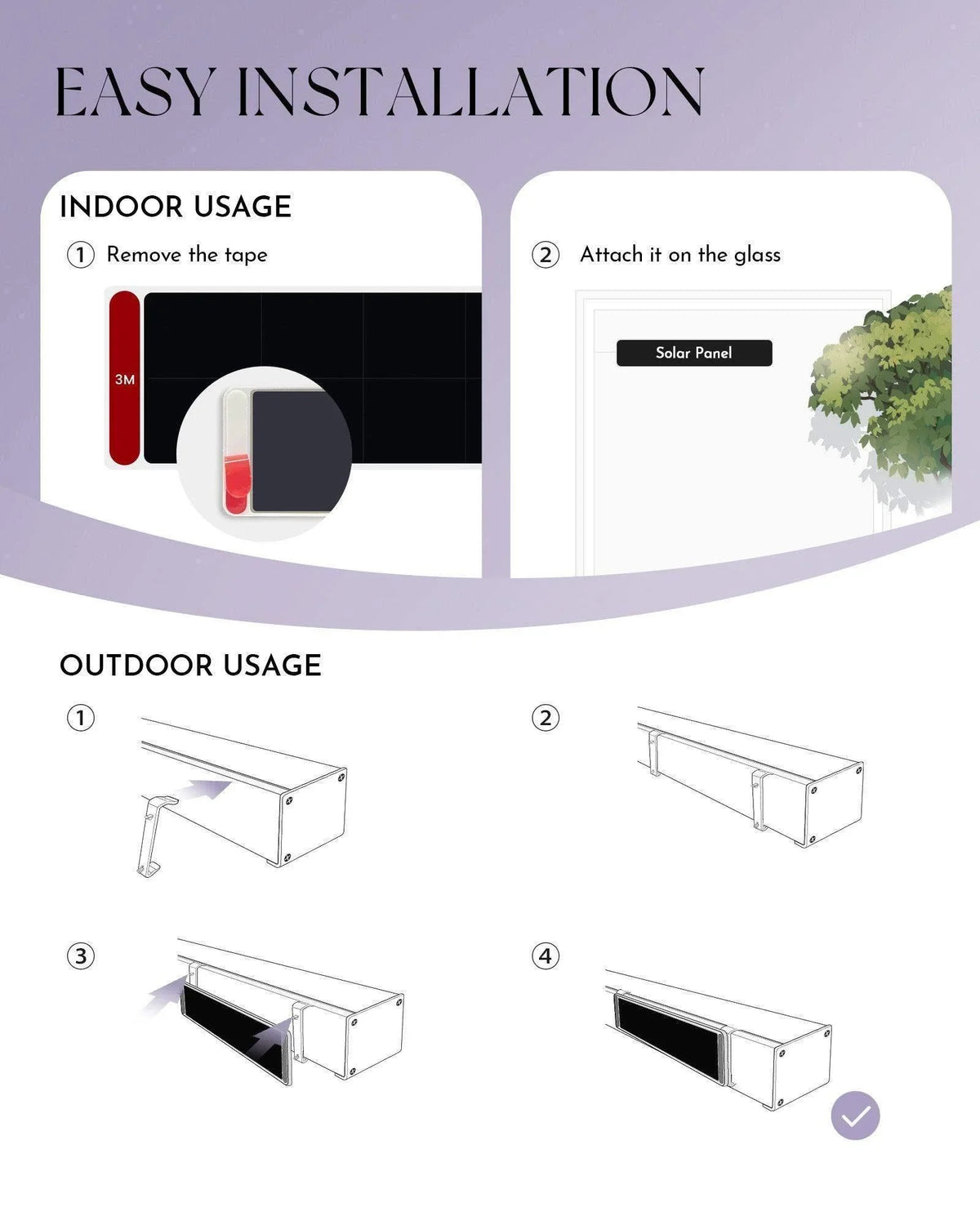 Easy installation instructions for solar panel, showing indoor glass attachment and outdoor mounting steps.