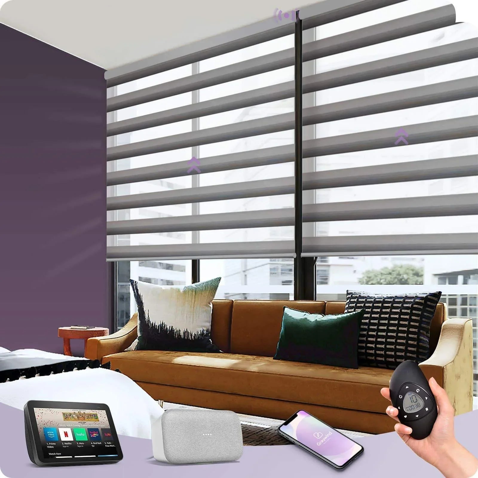 Modern living room with motorized zebra blinds, smart home devices, and remote control