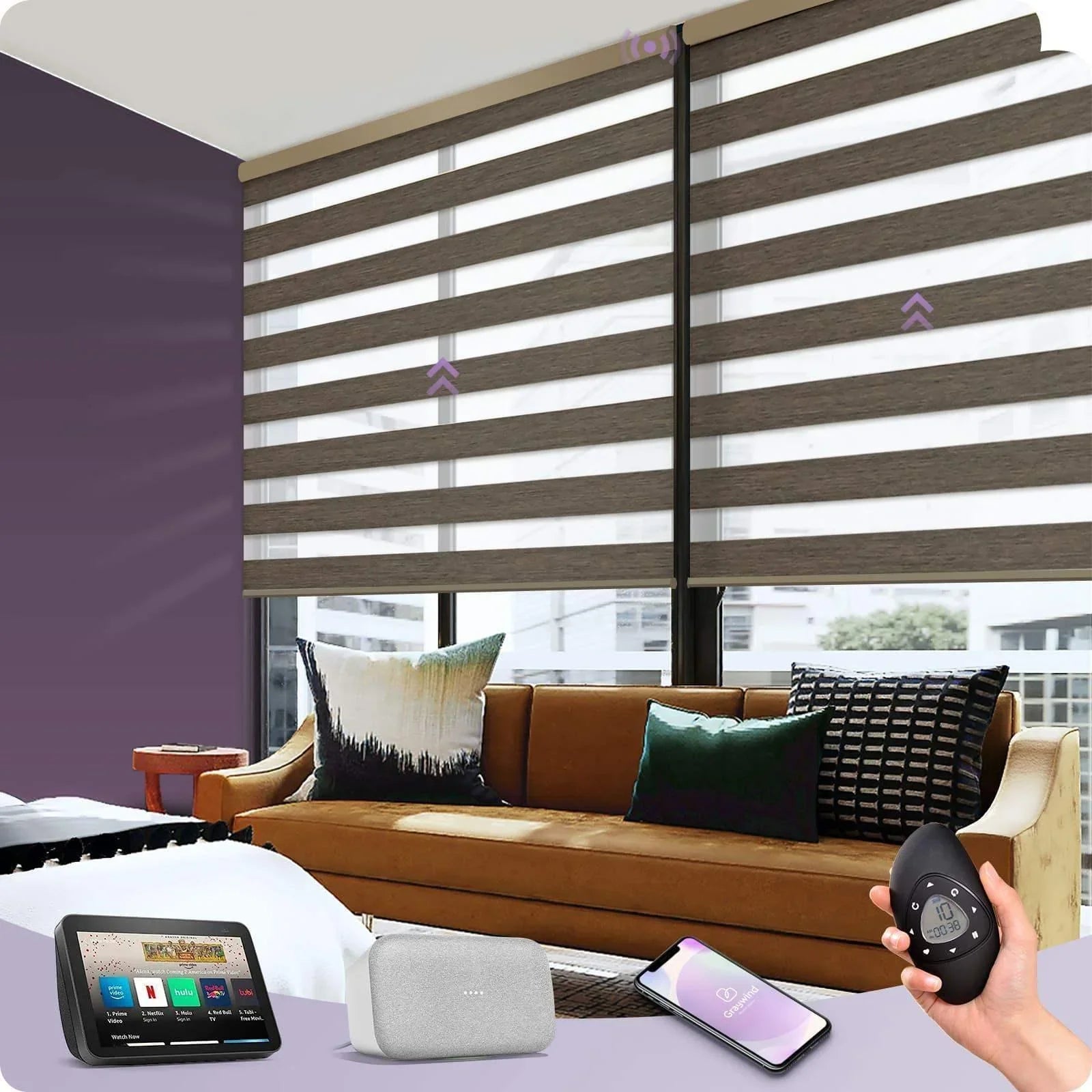 Smart zebra roller shades on large windows in modern living room, shown with remote, app, and smart home devices.