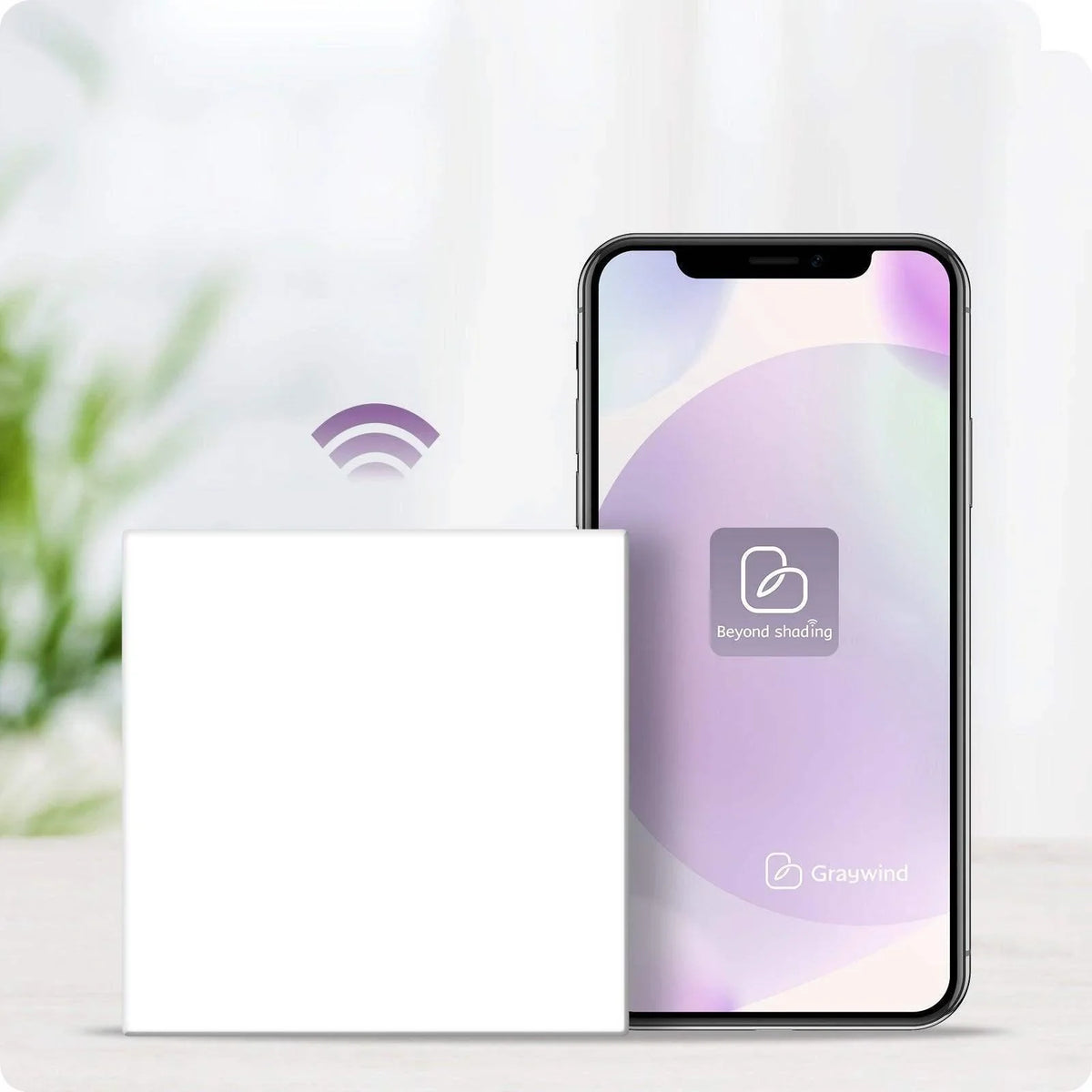 Smart window treatment WiFi hub next to smartphone with control app on modern home table.