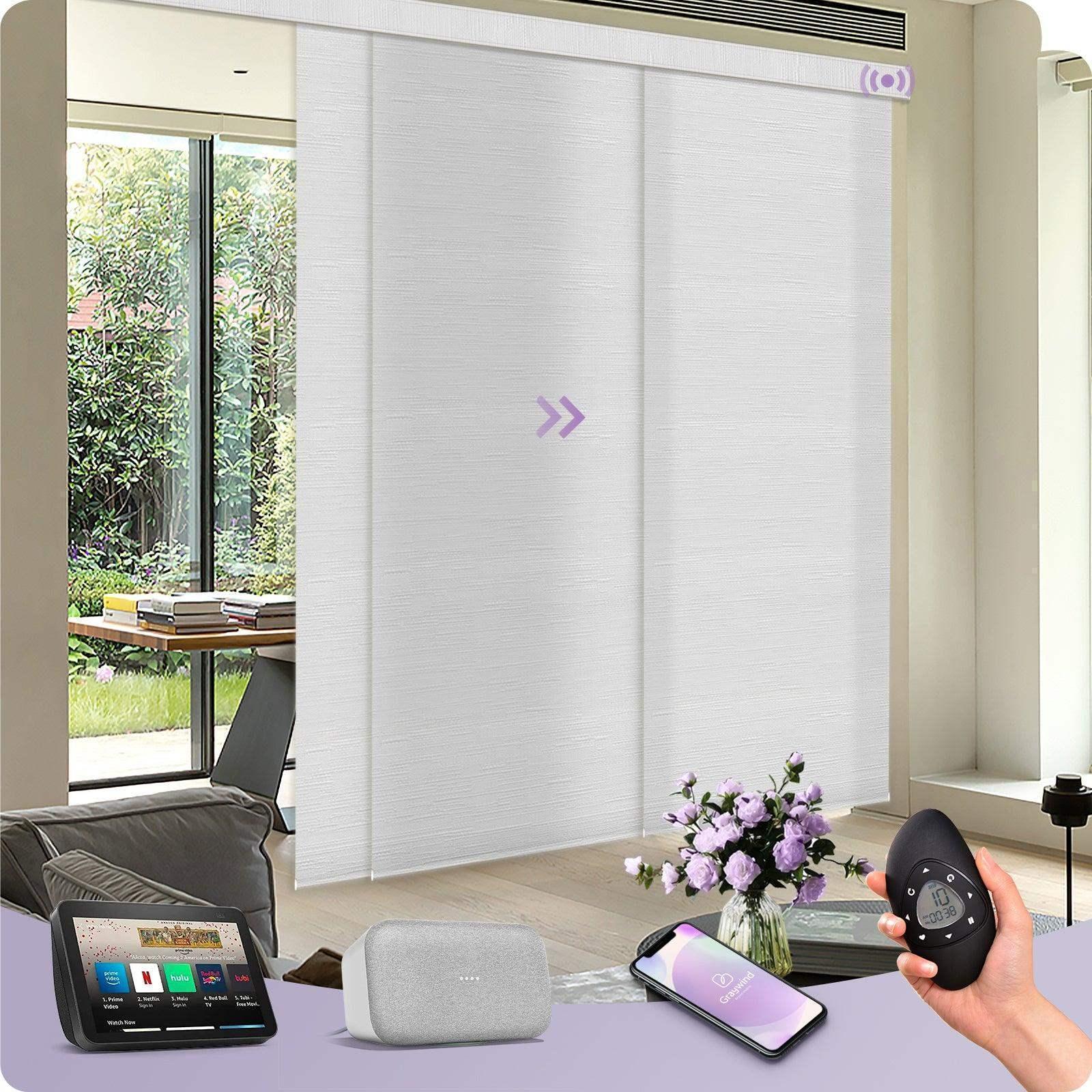 Smart motorized white panel blinds in modern living room, compatible with Alexa and Google Home