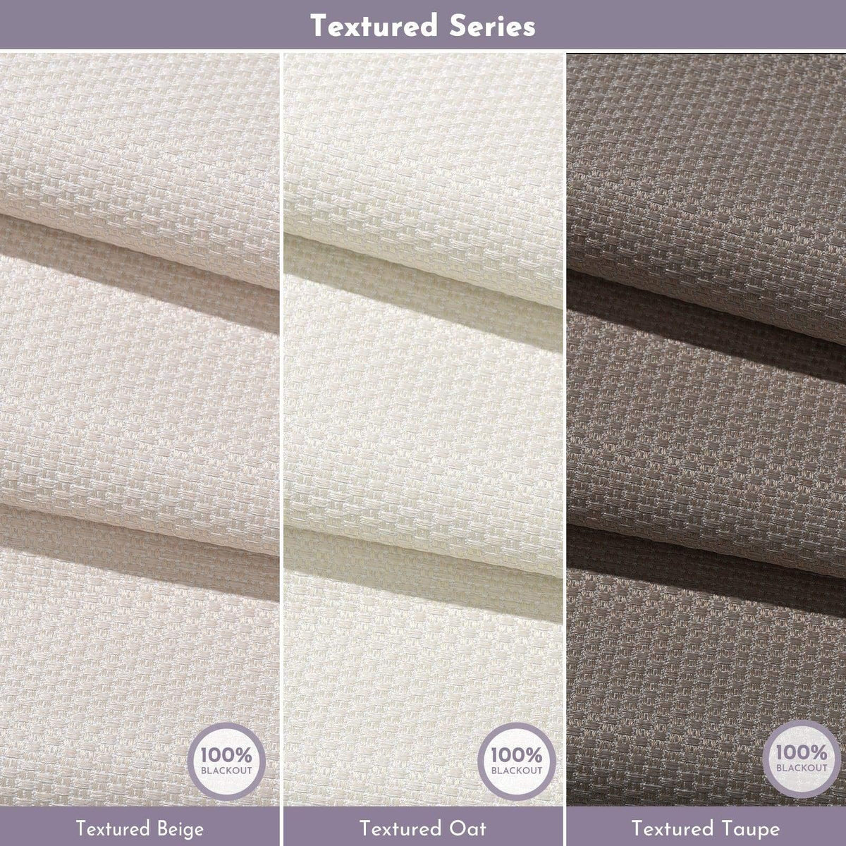 Textured blackout fabric swatches in beige, oat, and taupe for custom window treatments.