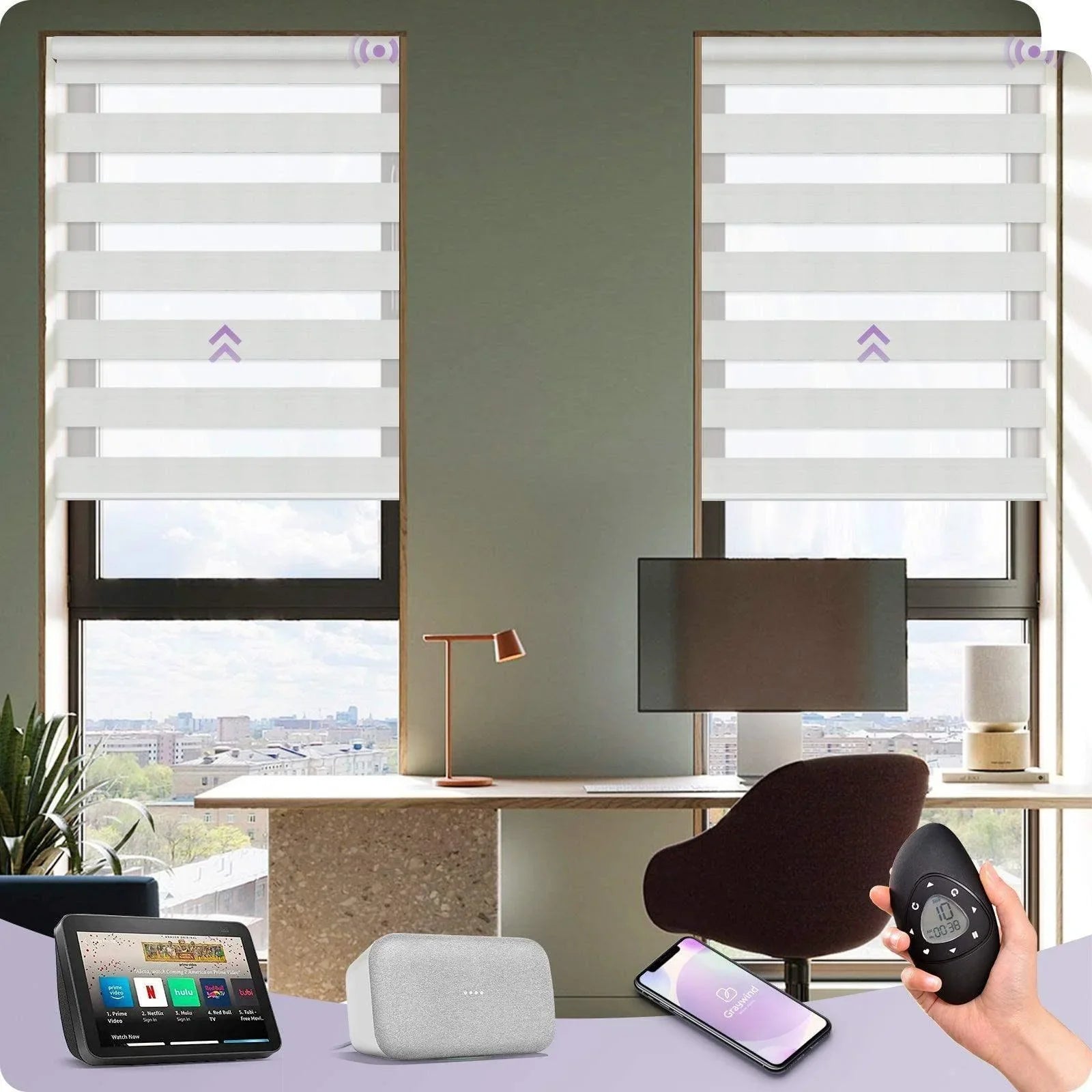 Modern home office with smart zebra window shades, remote control, and automation devices