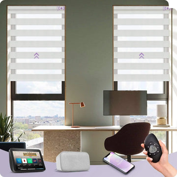 Modern home office with smart zebra window shades, remote control, and automation devices