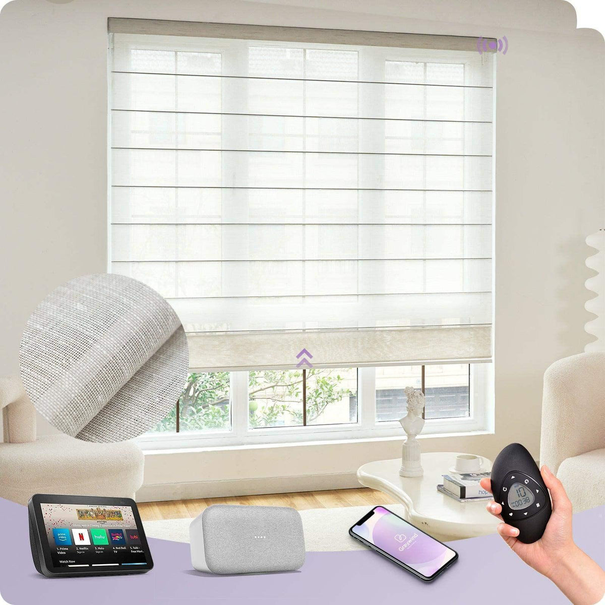 Smart motorized sheer Roman shade in modern living room, compatible with Alexa, Google, HomeKit.