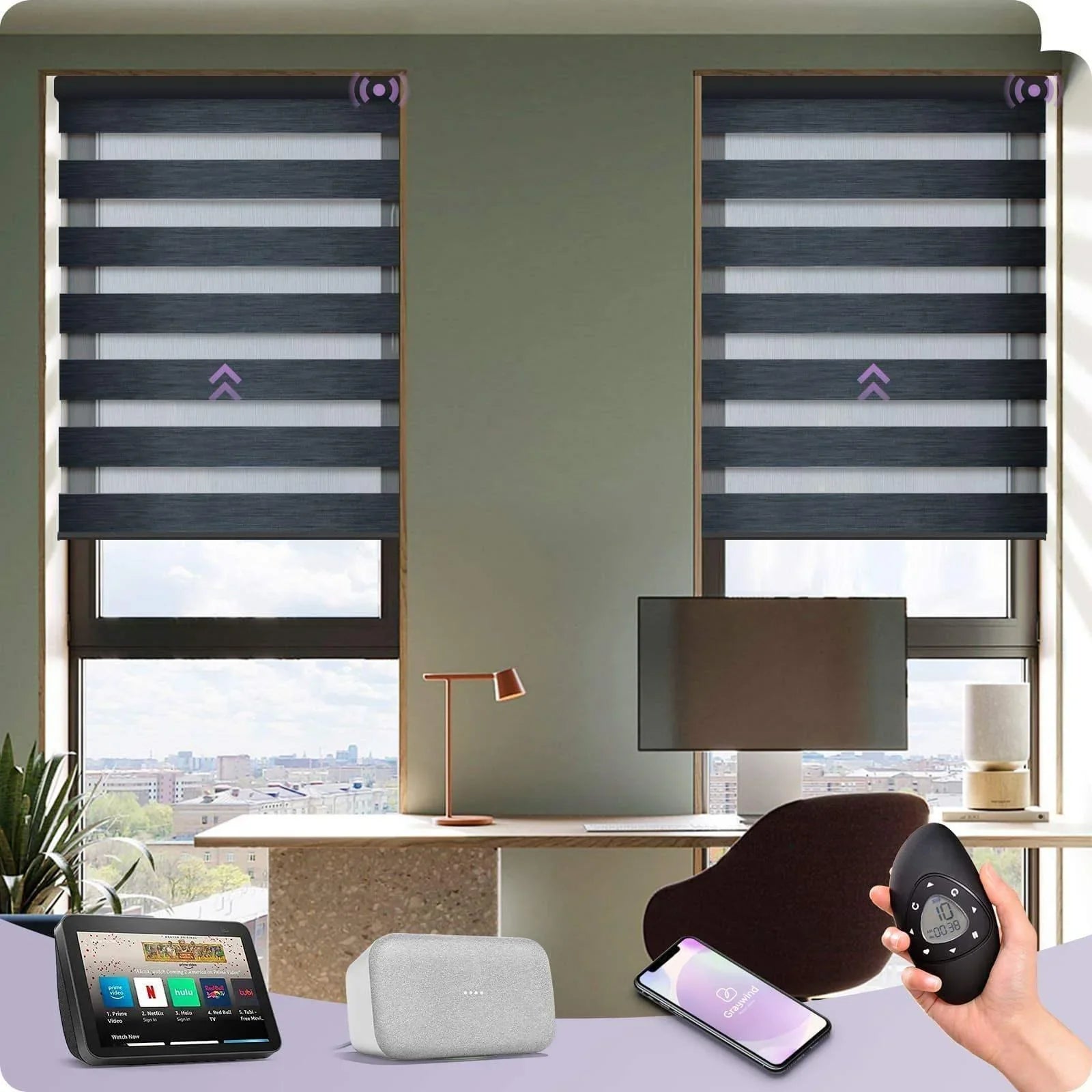 Modern home office with smart zebra blinds on windows, showing voice assistant, remote control, and smartphone integration.