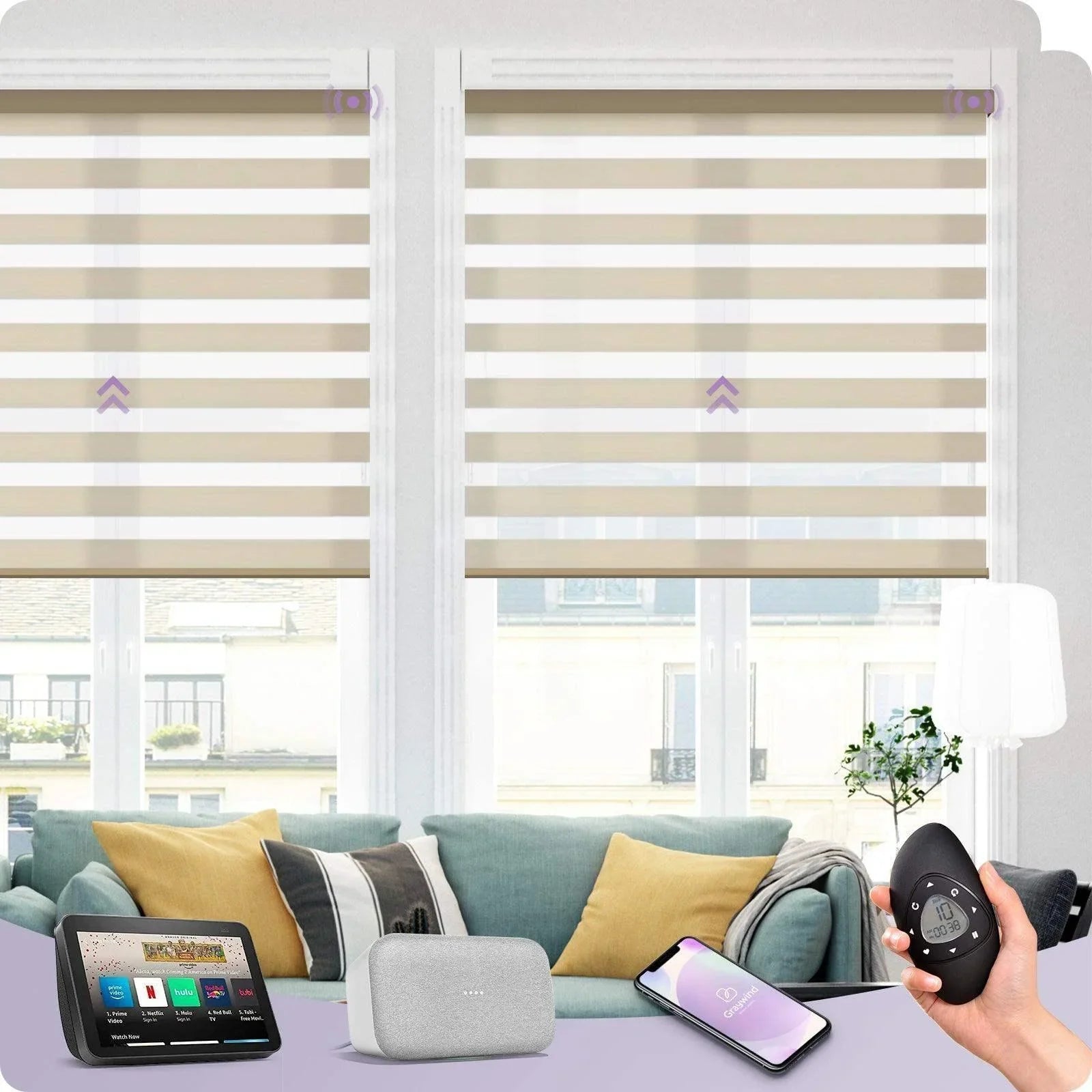 Smart zebra roller shades on living room windows, shown with remote, smartphone, and smart home devices.