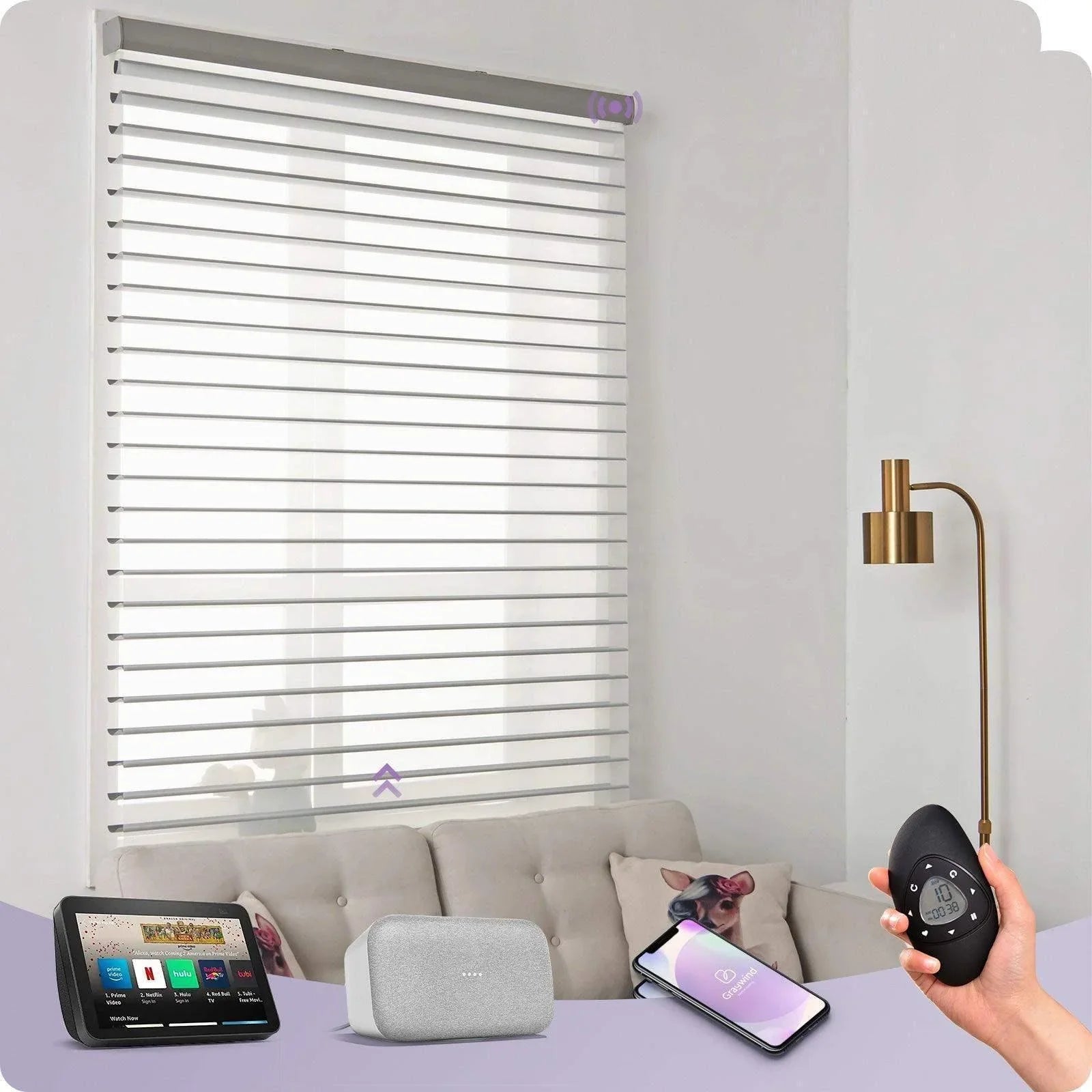 Smart window blinds with remote, smartphone, and voice assistant control in modern living room