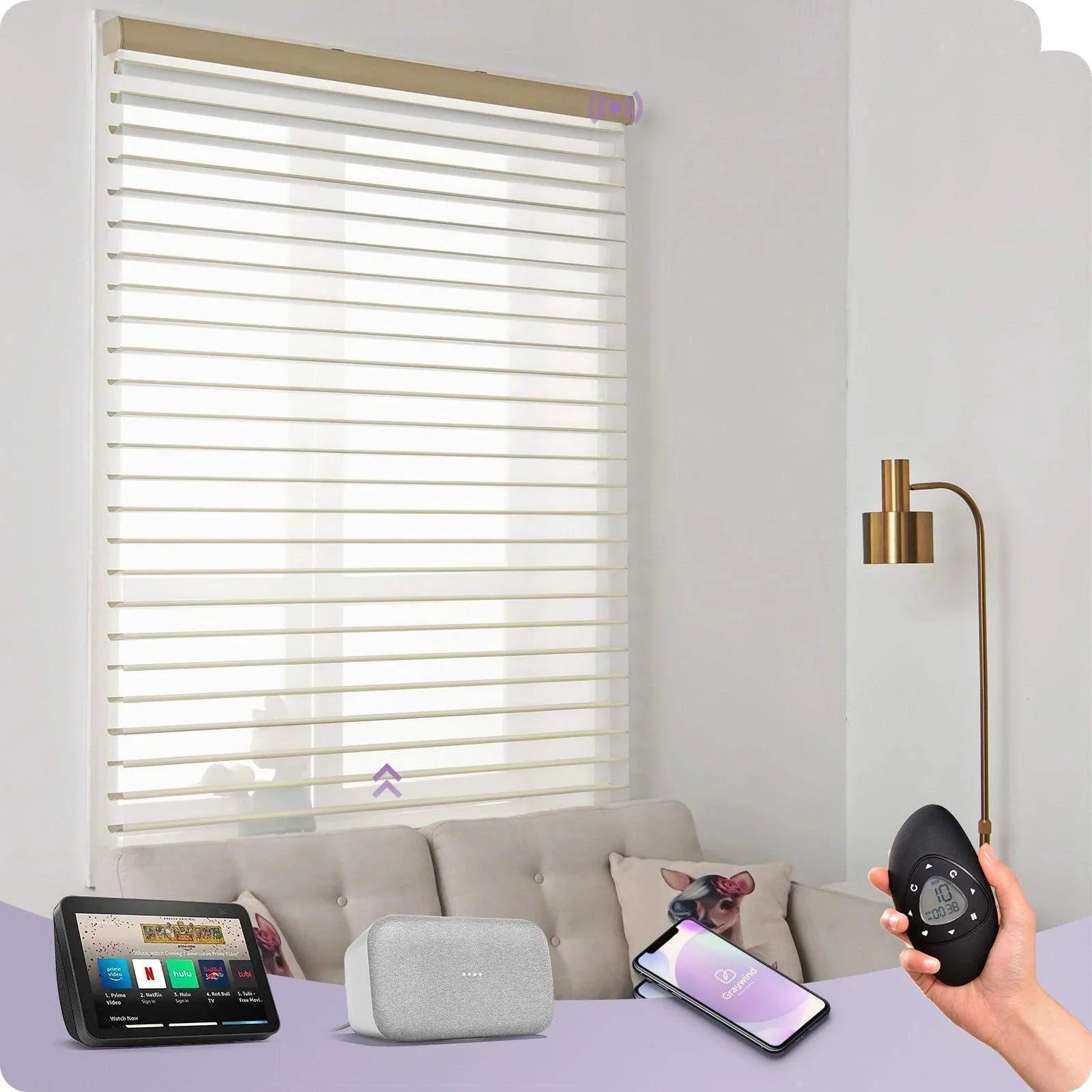 Smart sheer window shades in living room, controlled by remote, phone, and smart speakers