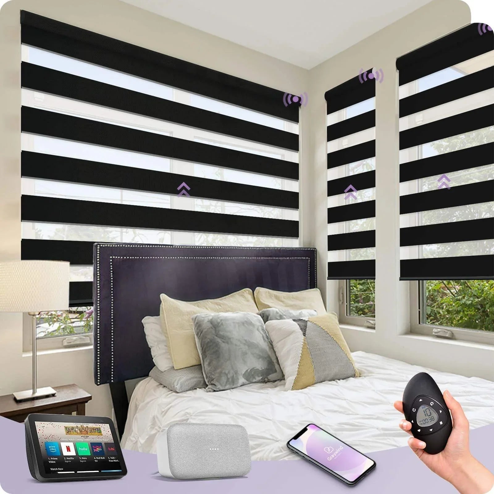 Modern bedroom with motorized zebra blinds, smart home hub, remote, and smartphone control