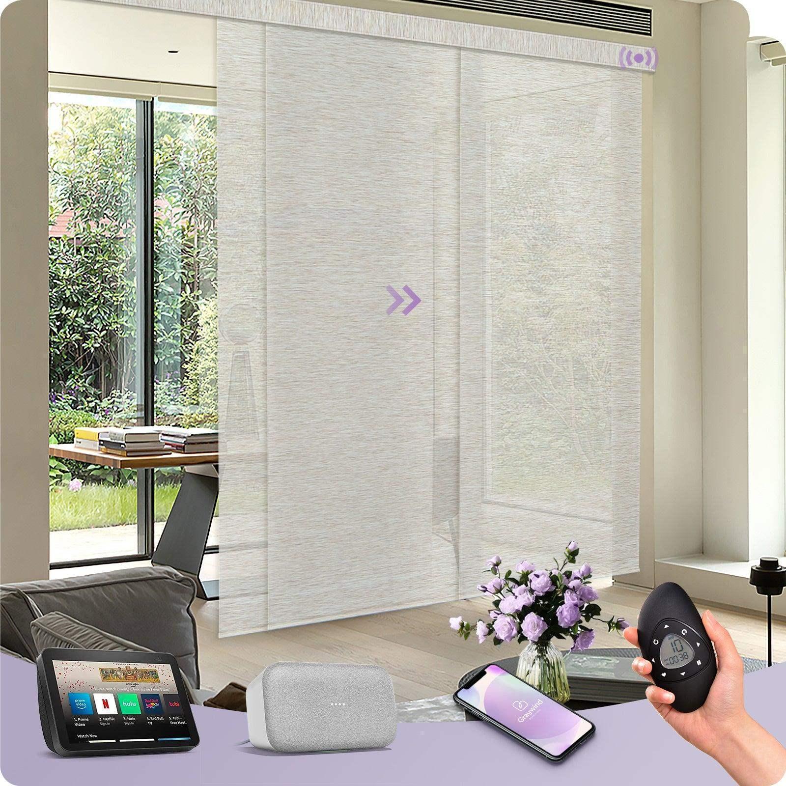 Smart motorized sliding panel blinds in a modern living room, controlled by remote, app, and voice assistant.