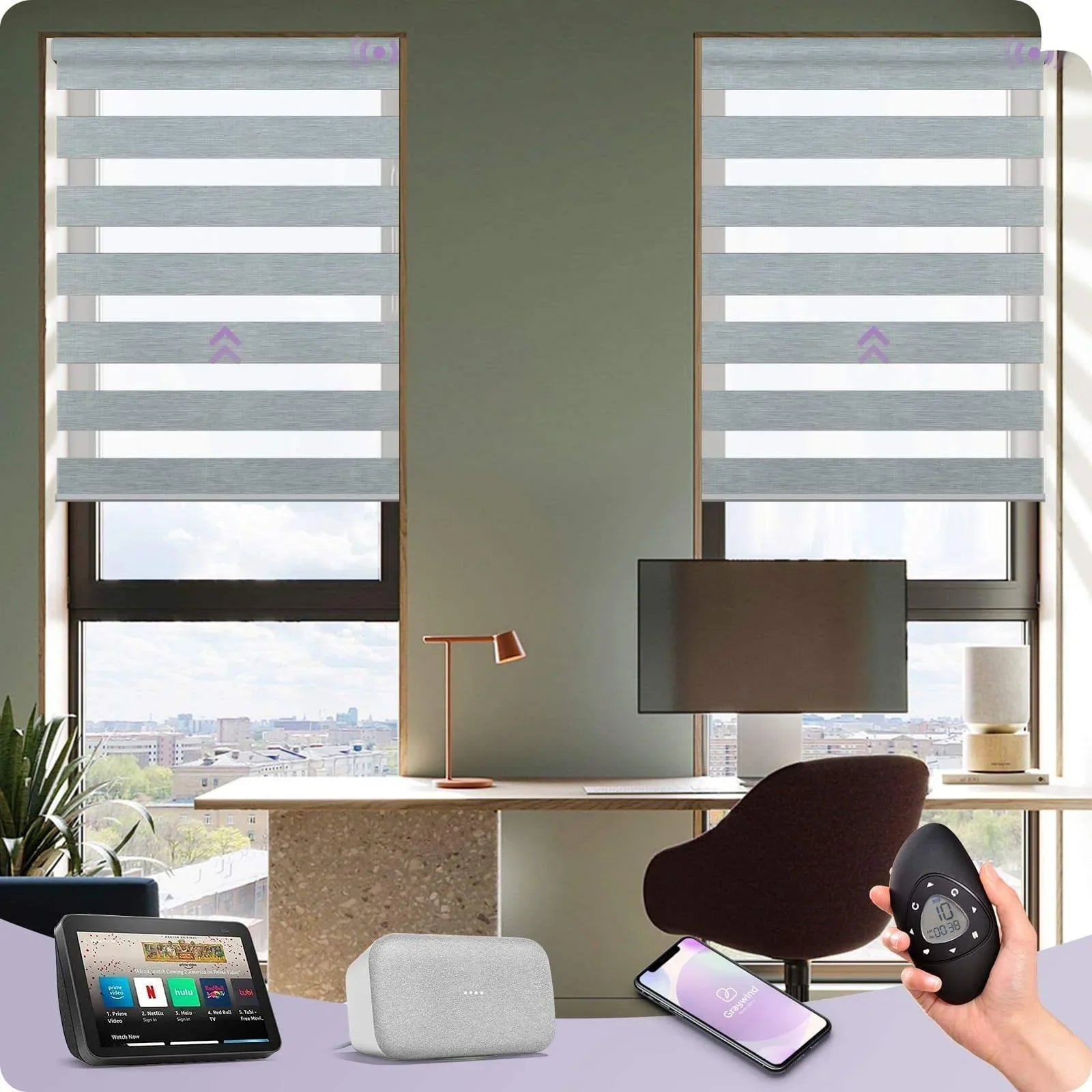 Smart zebra blinds on windows in a modern office, controlled by remote, phone, and smart devices