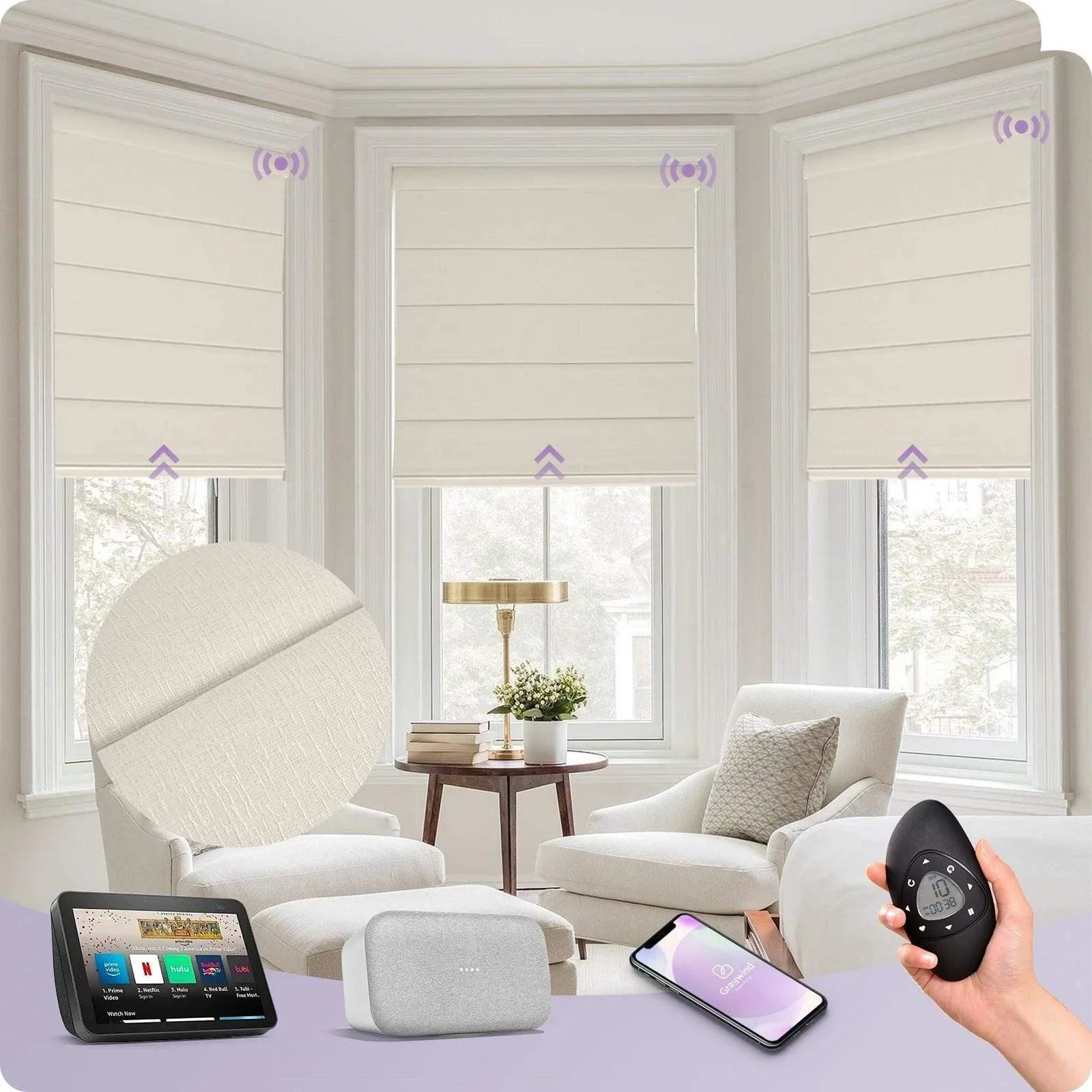 Smart motorized roman shades on bay windows in bright living room, compatible with remote, app, and smart home devices.