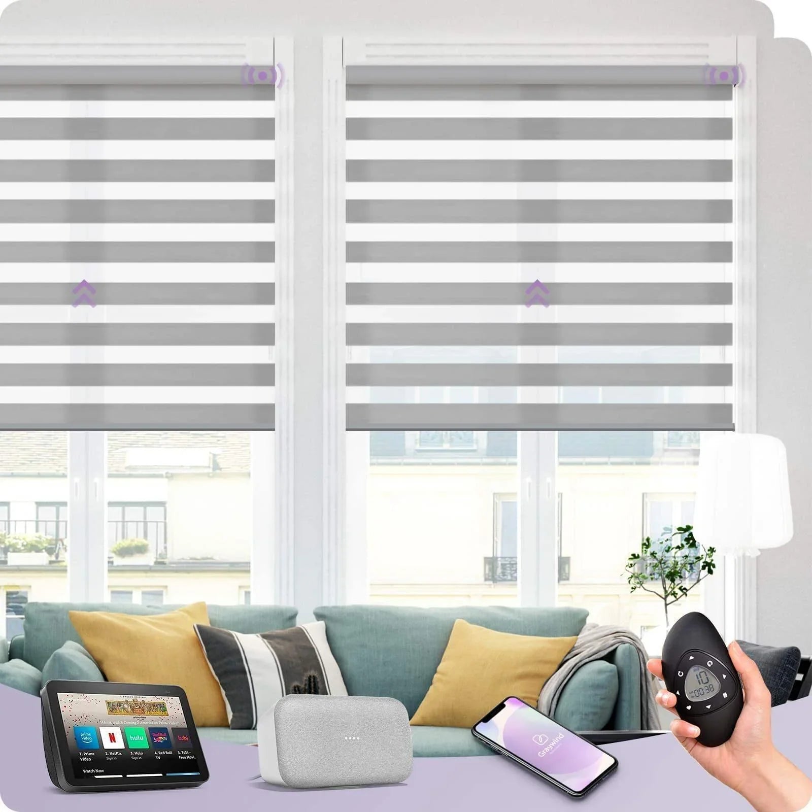 Smart zebra window shades with remote control, phone app, and smart home device in modern living room