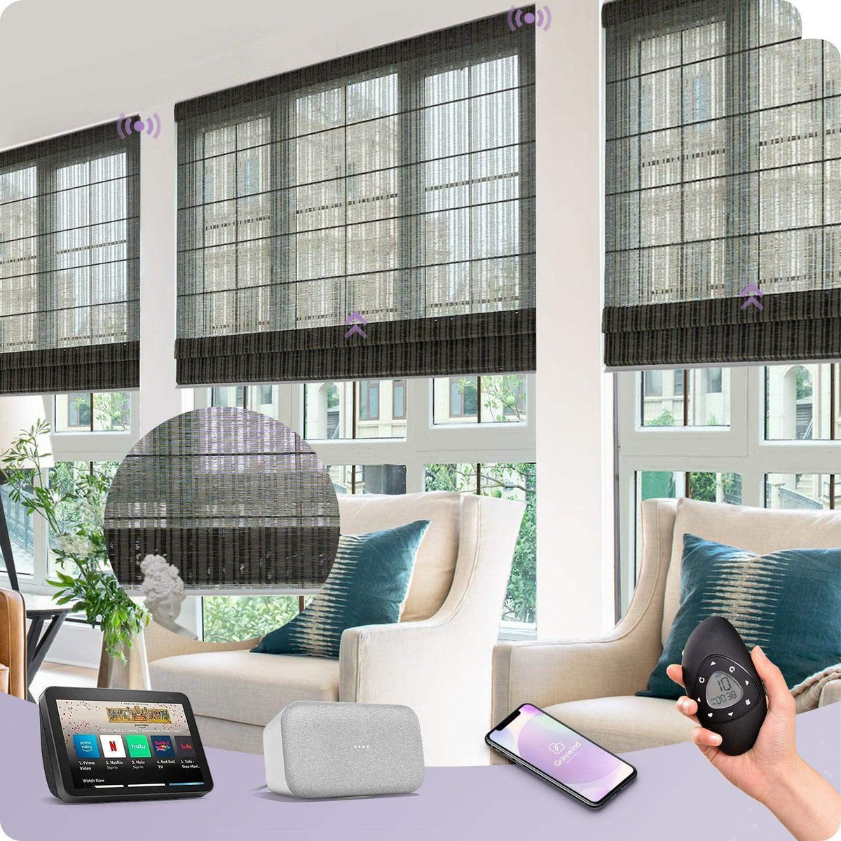 Smart woven window shades in a modern living room, controlled by phone, remote, and smart speaker