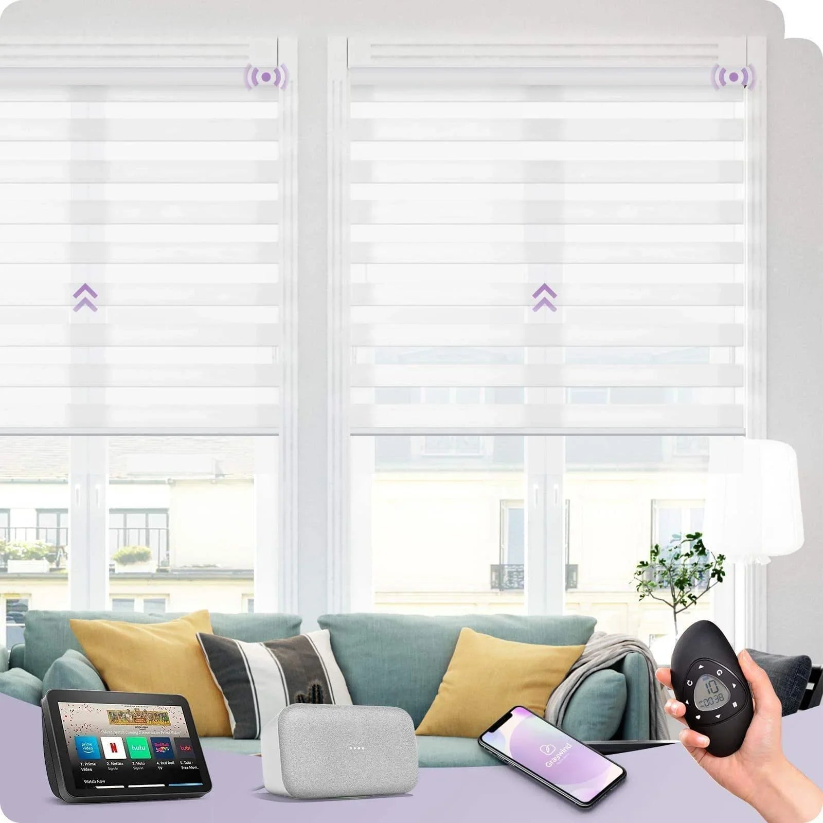 Smart zebra blinds in a modern living room, compatible with phone, smart speaker, and remote control.