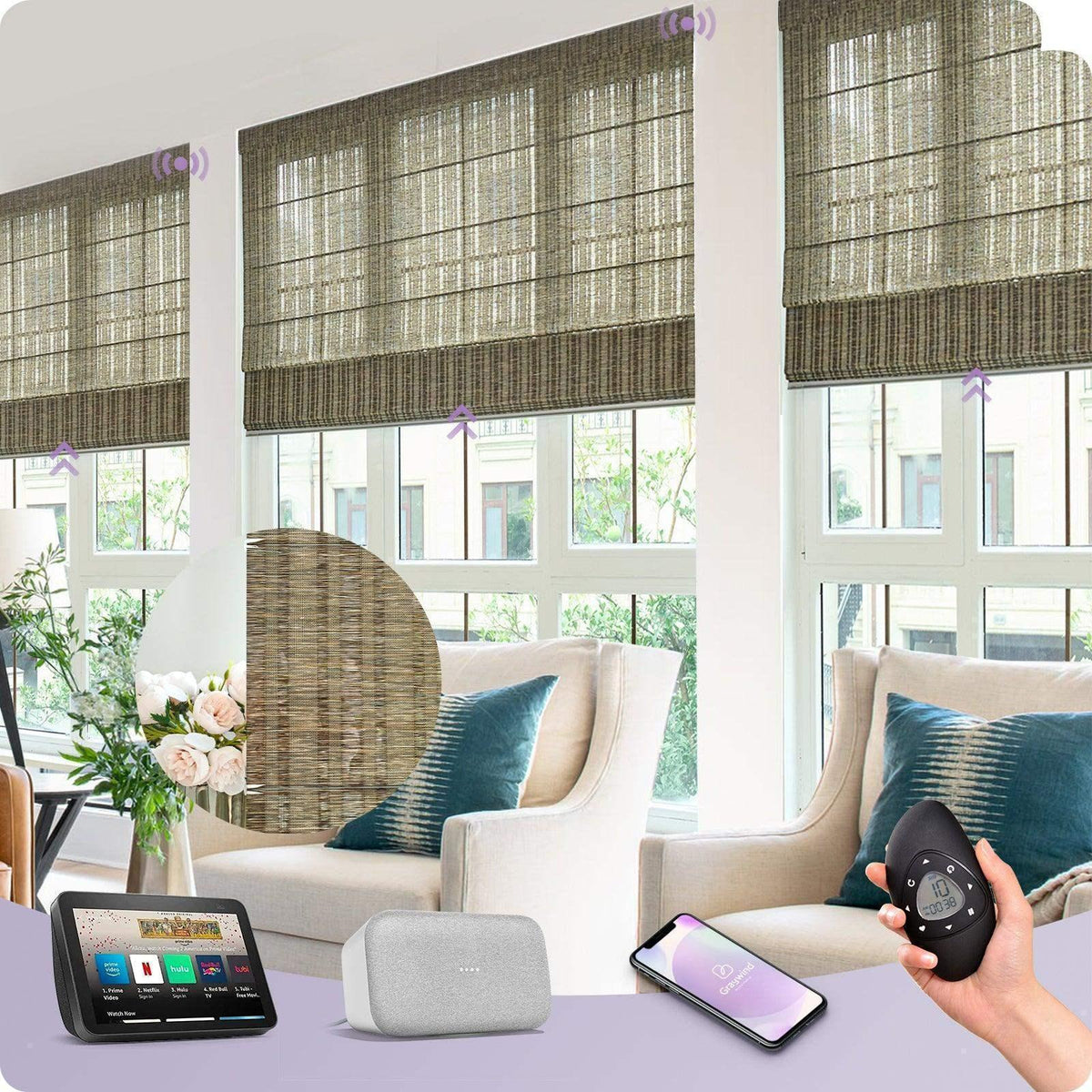 Smart woven shades in a bright living room, with remote, phone app, and voice assistant controls.