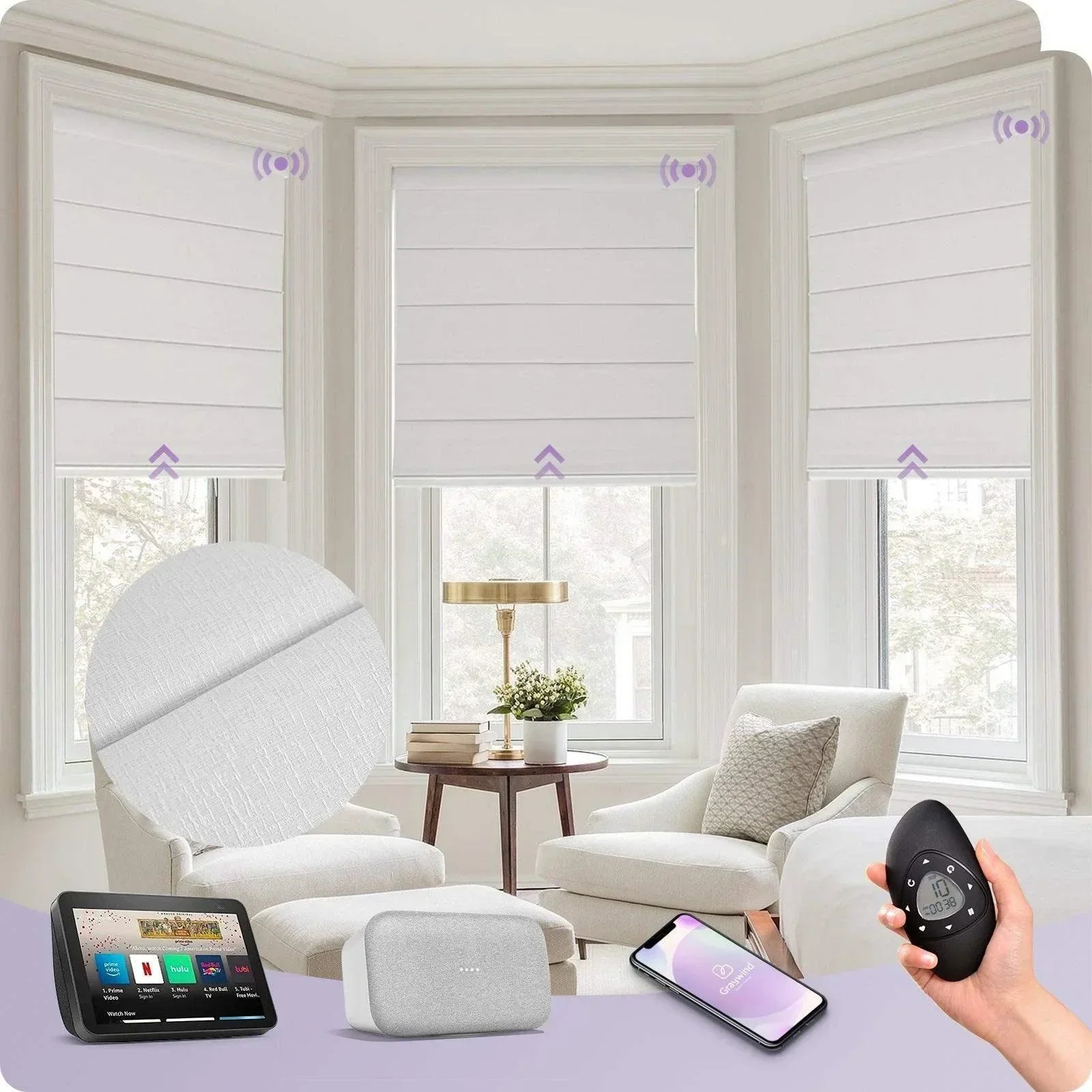 Smart motorized white Roman shades in a bright living room, controlled by remote, phone, and smart home devices.