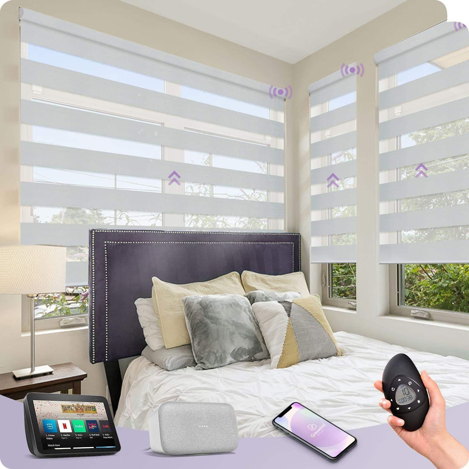 Smart sheer window shades in a modern bedroom, controlled by remote, smartphone, and smart speakers.