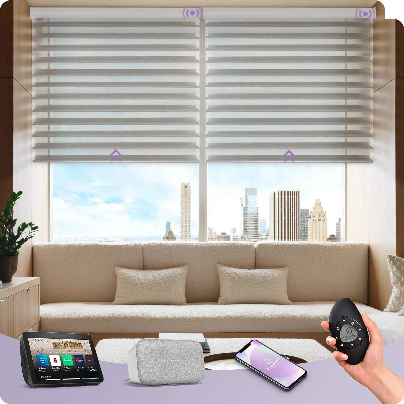 Smart motorized window shades in modern living room with remote, smart speaker, and mobile app.