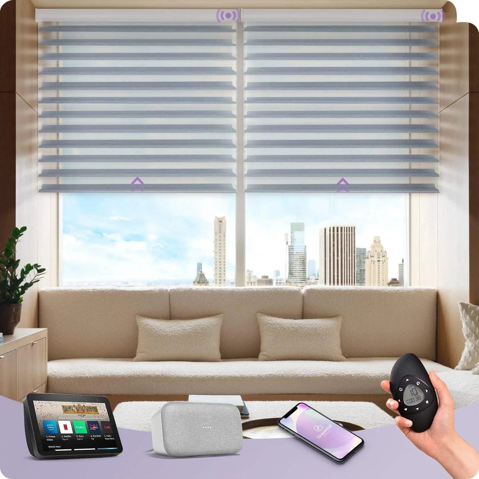 Smart motorized window blinds in modern living room, compatible with voice assistant, app, and remote control