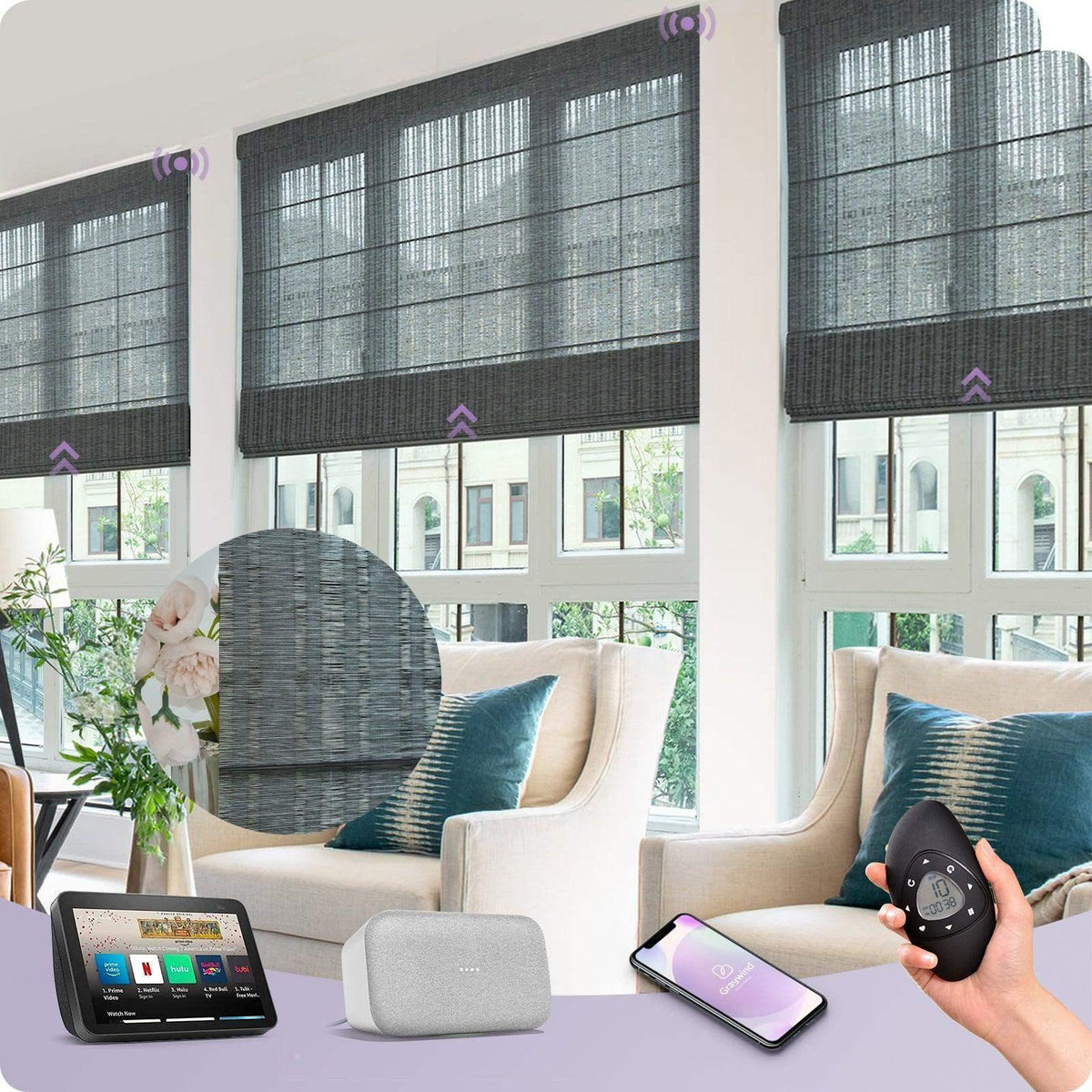 Smart woven shades on living room windows controlled by remote, phone, and smart home devices.