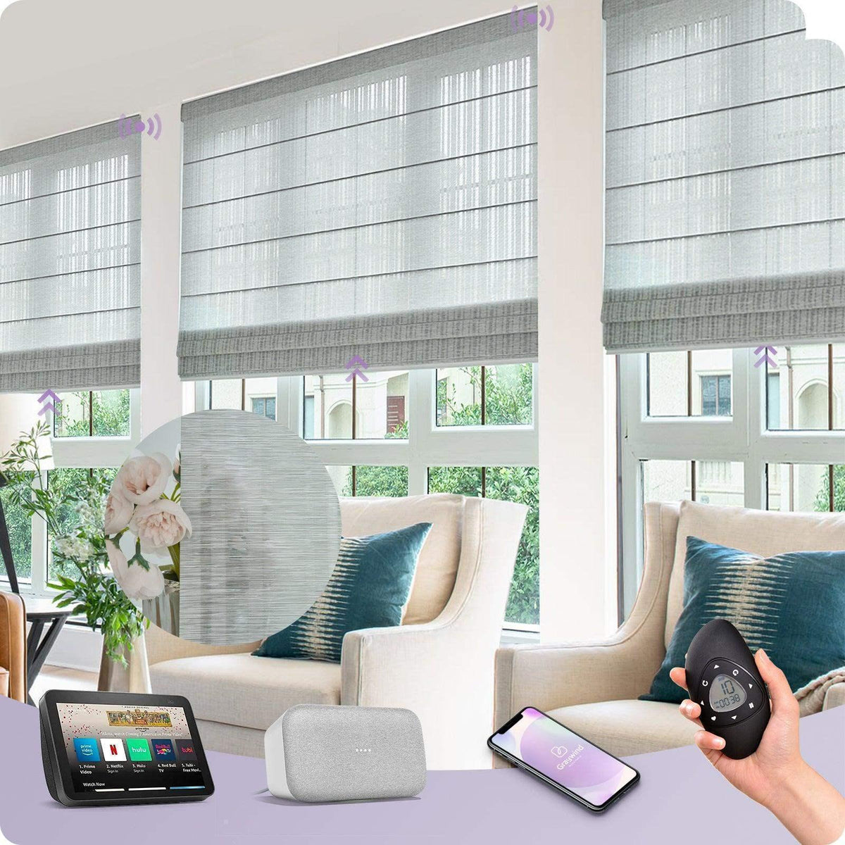 Smart gray Roman shades on large windows in a modern living room, controlled by app, remote, and smart home devices.