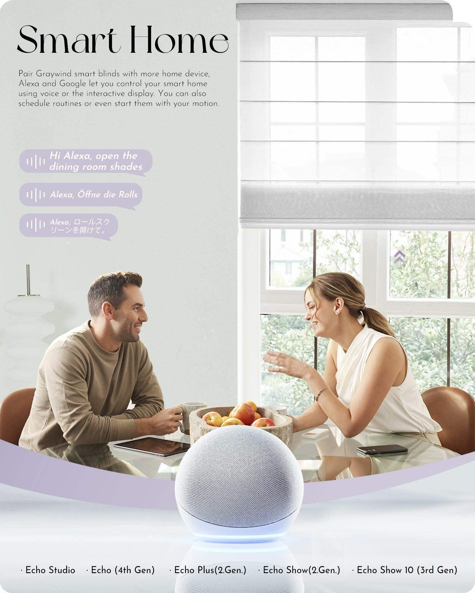 Couple at dining table near smart speaker with automated window shades in bright home