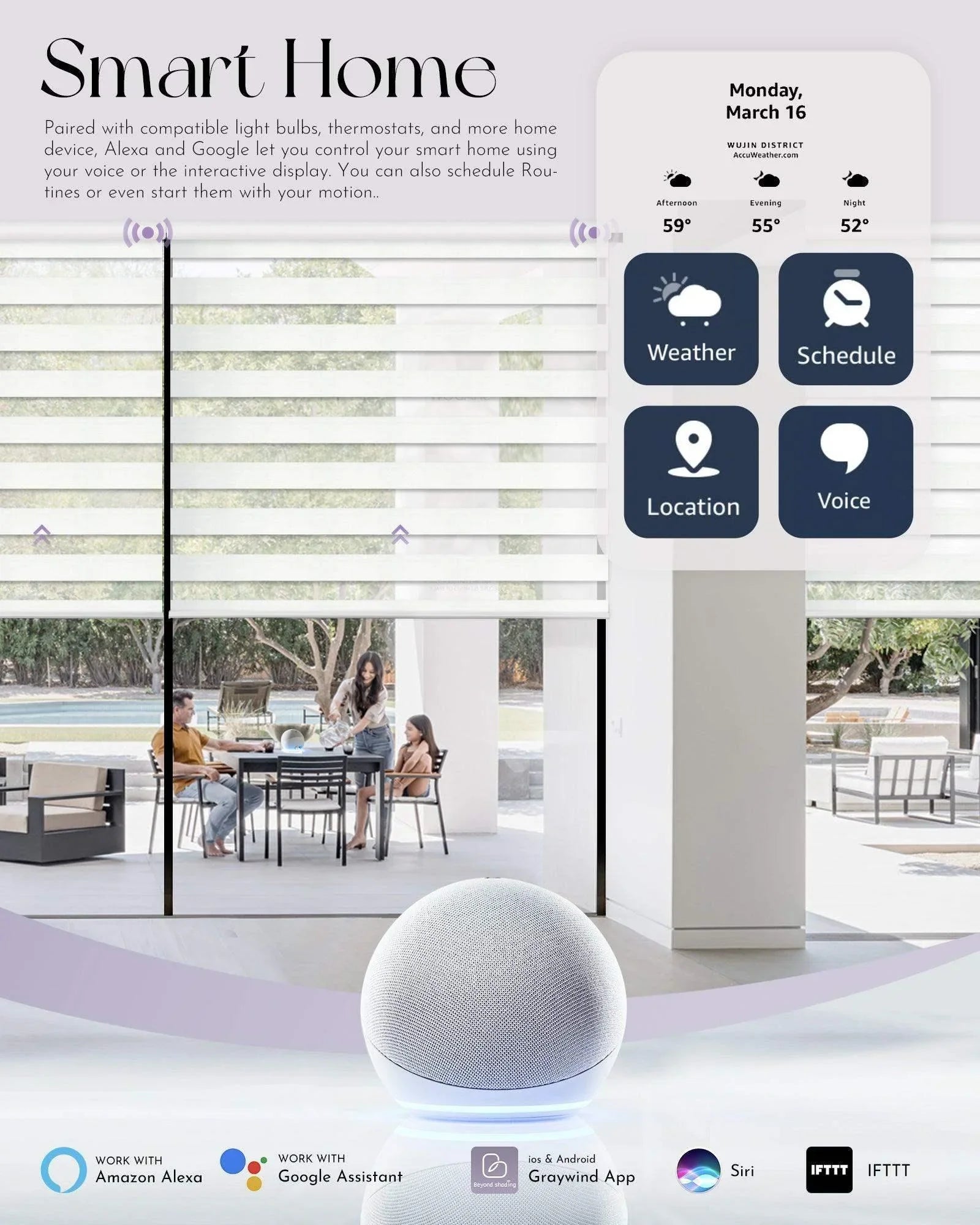 Alexa smart speaker in modern home with automated window shades, family on patio, weather and schedule controls.