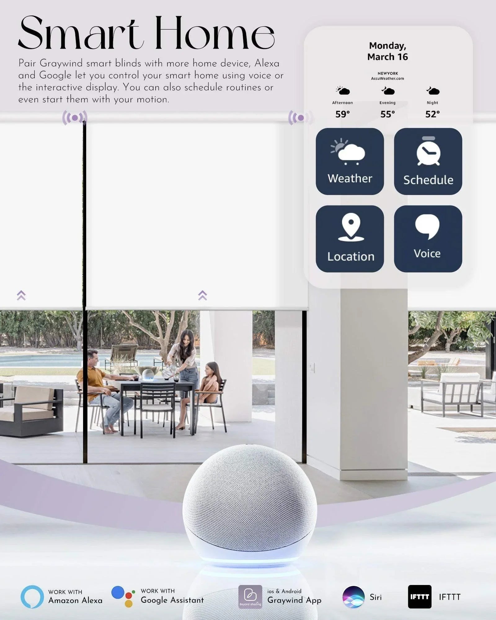 Modern living room with smart blinds, voice assistant speaker, app controls, and family outside.