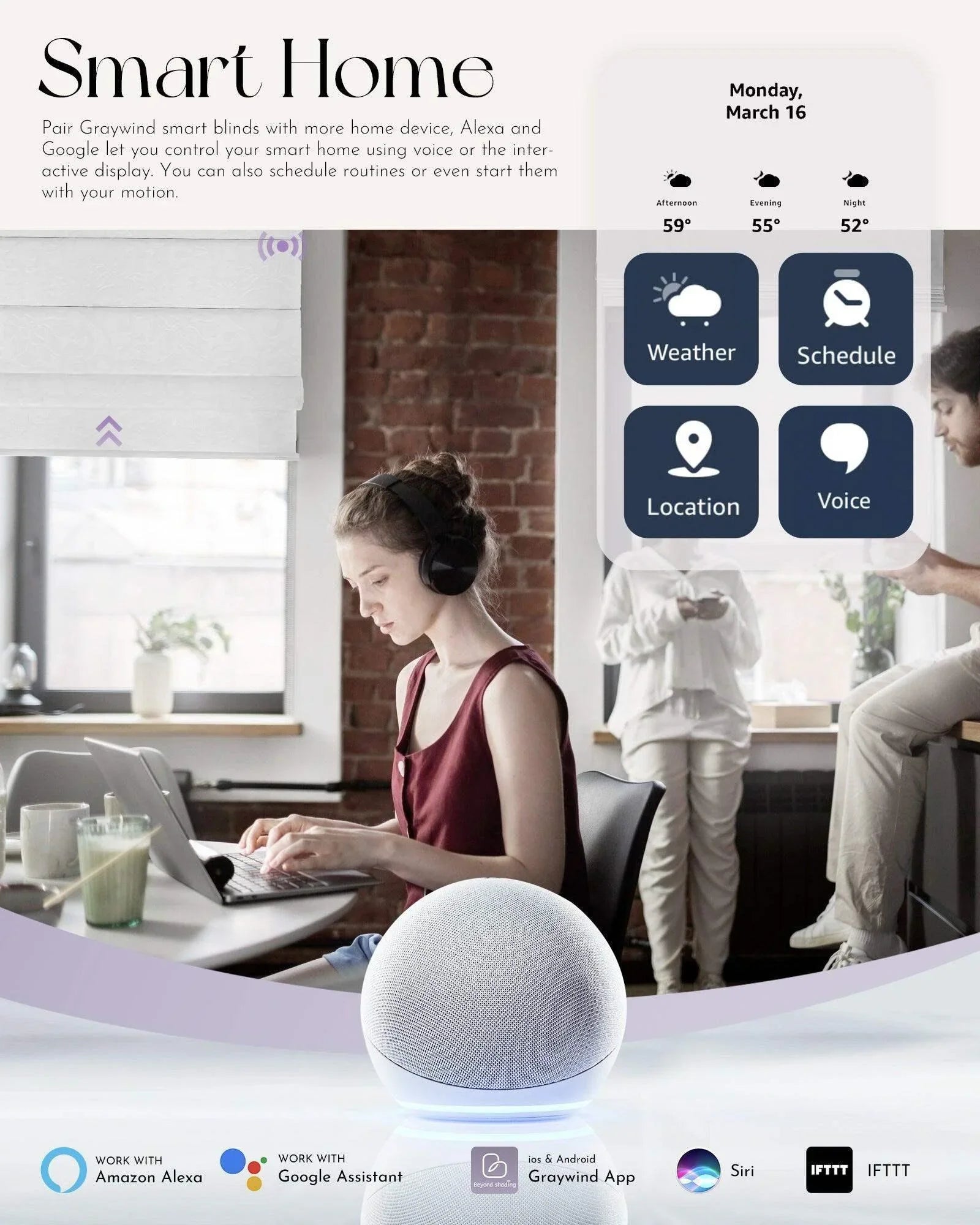 Woman using laptop near smart speaker in modern home with automated blinds and smart controls.