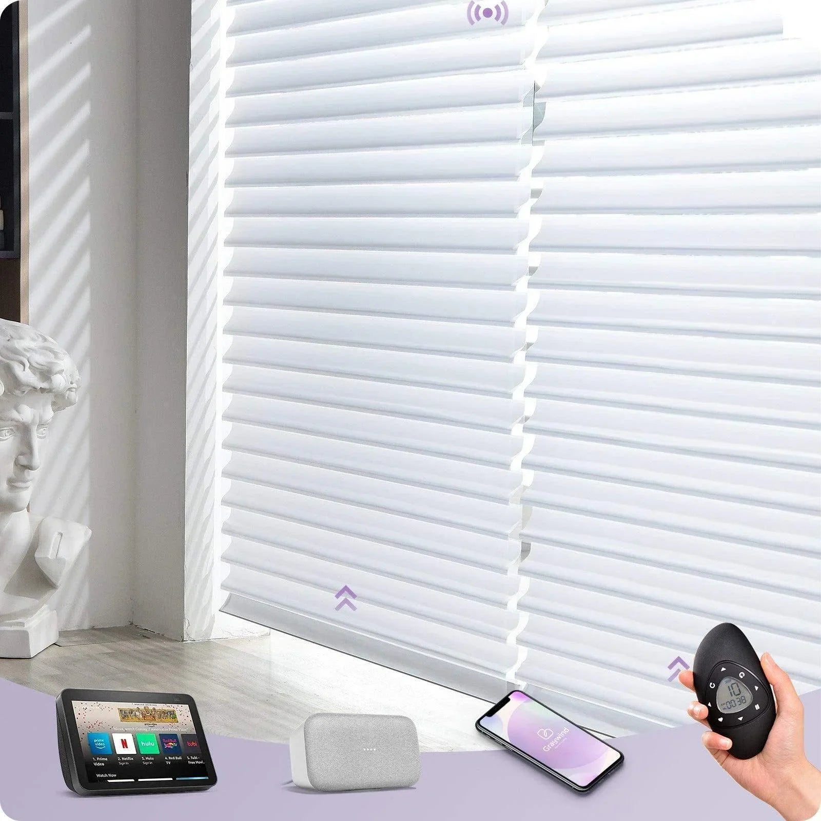 Smart white window shades controlled by remote, smartphone, and smart home devices in a modern room.